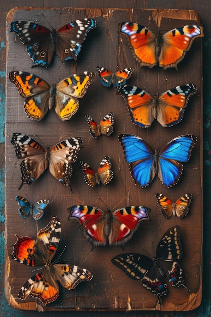 Photo des papillons vibrants reposant sur une surface en bois rustique adaptée à divers projets de conception