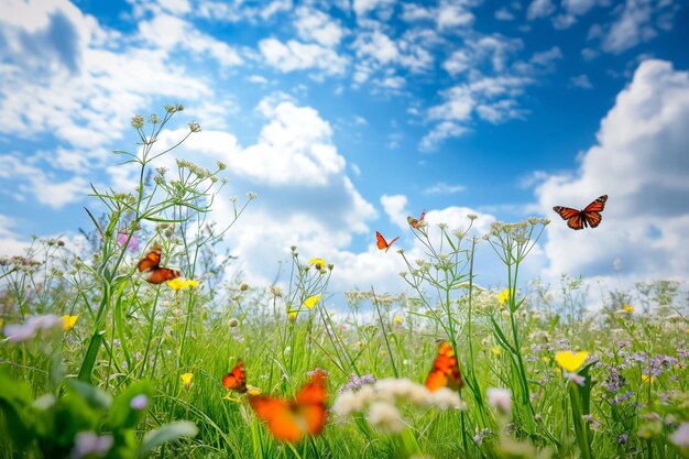 Photo des papillons vibrants volent parmi les fleurs sauvages sous un ciel bleu teinté de nuages dans une scène de prairie sereine.