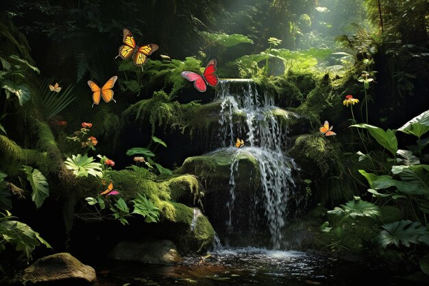 Des papillons volant autour d'une cascade