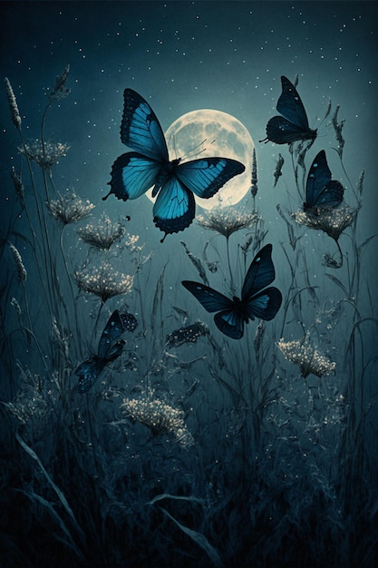 Photo des papillons volant dans le ciel nocturne avec une lune pleine en arrière-plan