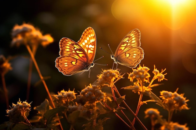 les papillons volent au coucher du soleil