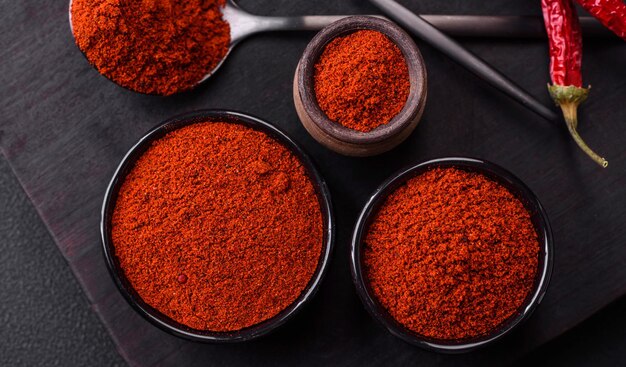 Paprika fumé aux épices sous forme de poudre dans des bols et des cuillères