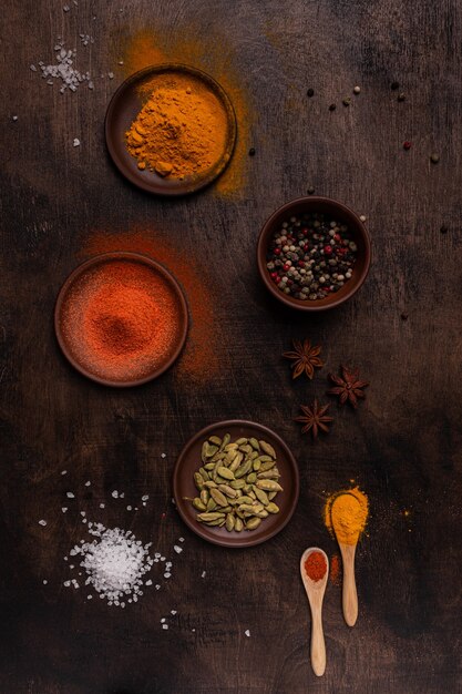 Paprika, poivre, cardamome, sel et curcuma sur fond de bois, mise à plat