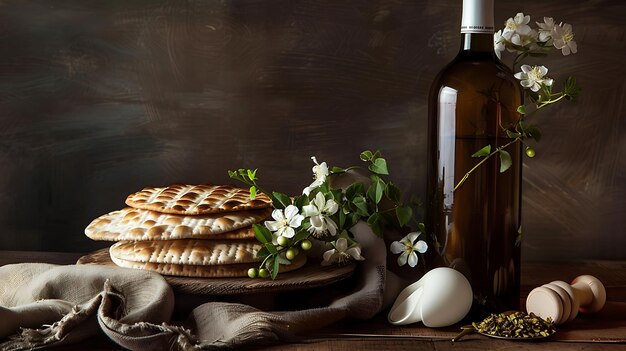 Photo la pâque, la nature morte avec le vin et le matzah, le billet juif