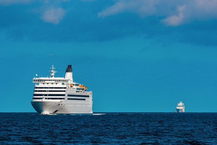 Photo paquebot de croisière blanc loin en mer. voyages touristiques et services de spa