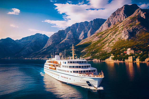 Paquebot de croisière sur fond de montagnes illustration 3d AI générative