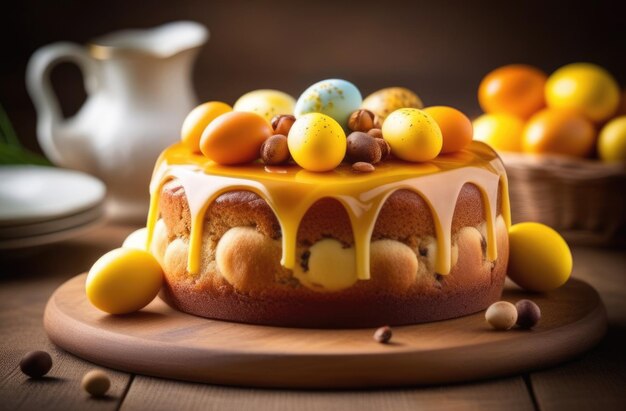 Pâques dessert Pâques pâtisseries traditionnelles de Pâques gâteau national irlandais simnel décoré avec des boules de marzipan et des œufs colorés glace dorée table en bois