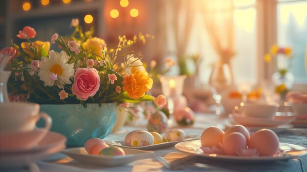 Pâques festive servies à table avec des œufs peints bouquet de fleurs dans la chambre