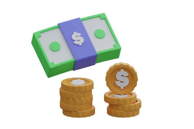 Paquet d'argent et de piles de pièces sur fond blanc illustration de rendu 3D