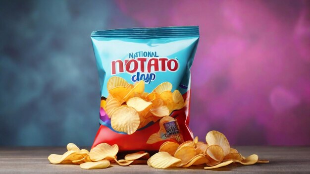 Un paquet coloré avec des chips de pomme de terre sur un joli fond Concept de la journée nationale des chips de patate