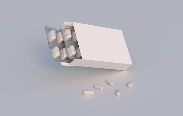 Photo paquet avec deux blisters avec des pilules de médicaments modèle de maquette rendu 3d