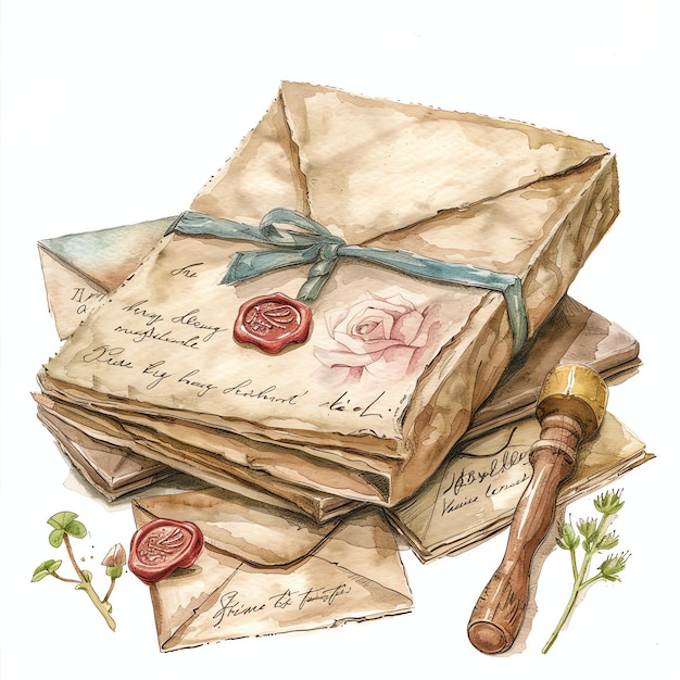 paquet de lettres vintage avec sceau de cire et timbre de cire assis à côté des enveloppes cottagecore