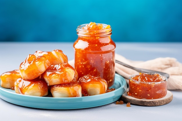 Un paquet de marmelades et de beignets sur une planche bleue sur une surface en marbre