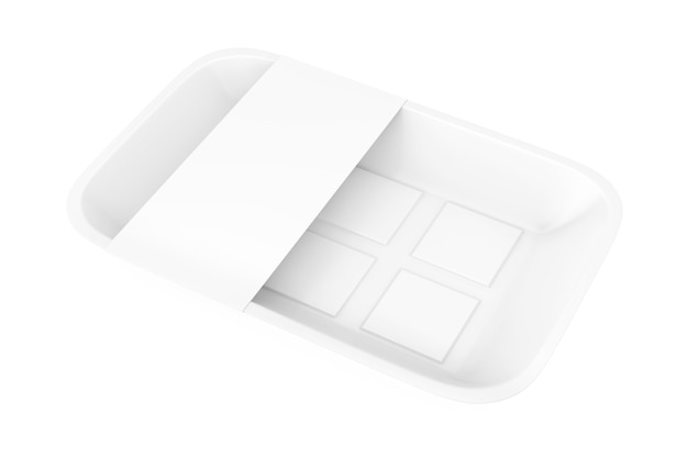 Paquet de plateau de récipient de nourriture en plastique blanc vide avec étiquette vierge pour votre conception sur un fond blanc. Rendu 3D