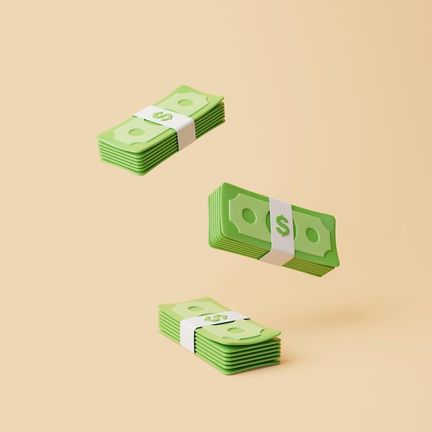 Des paquets d'argent flottant sur un fond beige dollars américains Concept d'argent et de paiement rendu en 3D