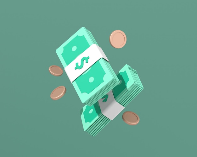 Des paquets d' espèces et de pièces sur fond vert rendent les billets en 3D
