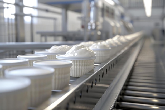 Photo des paquets de yogourt blanc sur une ligne de production dans une ferme laitière