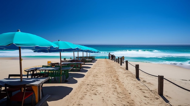 Par une belle journée, une gamme colorée de rafraîchissements agréables L'emplacement est situé sur une plage avec des vagues cristallines et un bleu vif Generative AIx9