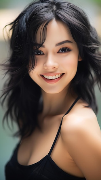 par gros plan femme haut noir souriant magnifique modèle chinois cheveux courts rougissement léger visage parfait