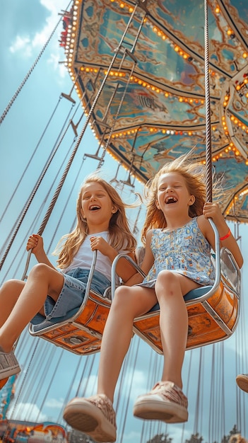 Par une journée ensoleillée, des amis heureux dans un parc à thème.