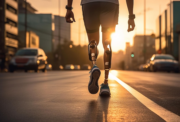 Des para-athlètes handicapés avec des prothèses de jambes marchent dans une ville au coucher du soleil.