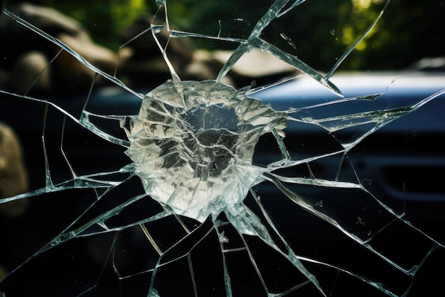 Parabrise de voiture cassée, verre endommagé avec des traces de pierre sur la route Illustration générative de l'IA