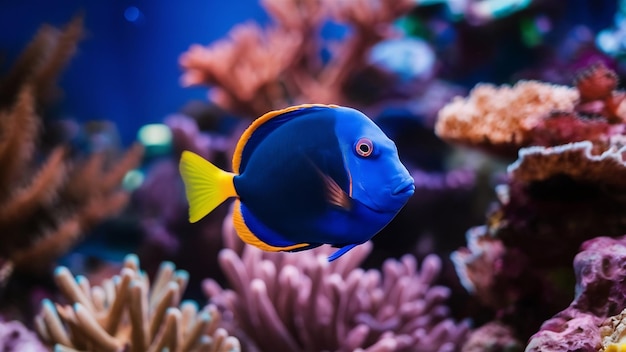 Photo paracanthurus hepatus blue tang amphiprion percula poisson de mer rouge dans un aquarium de récif de corail à la maison