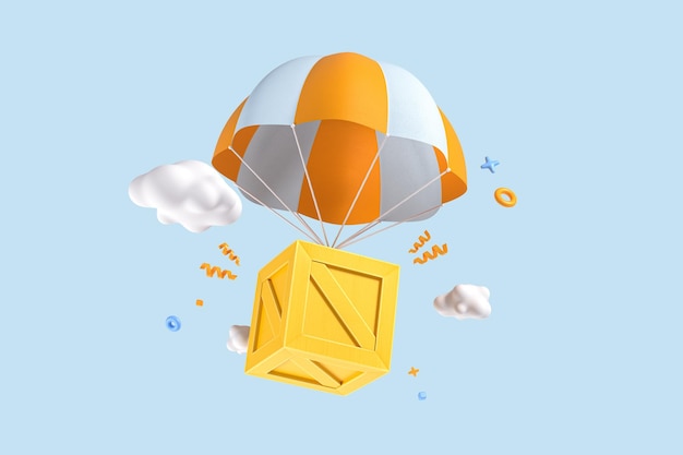 Parachute orange 3D transportant une boîte cadeau jaune en bois volant illustration de rendu 3d