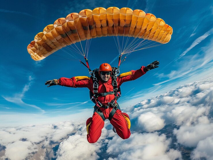 Un parachutiste survolant les nuages avec un parachute orange