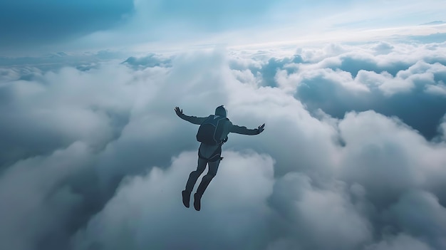 Le parachutiste tombe à travers les nuages. L'image est prise de loin, donc le parachuteur est une petite figure au centre du cadre.