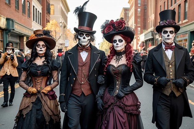 Parade d'Halloween steampunk avec des personnages de l'ère victorienne avec une touche effrayante
