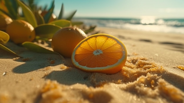Photo paradis des agrumes découvrez l'harmonie parfaite entre le jus d'orange et la plage de sable