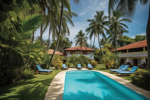 Paradis au bord de la mer maison d'hôtes piscine bungalow et fleurs vibrantes générative IA