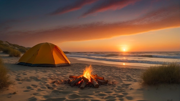 Photo un paradis de camping sur une plage tropicale avec un coucher de soleil