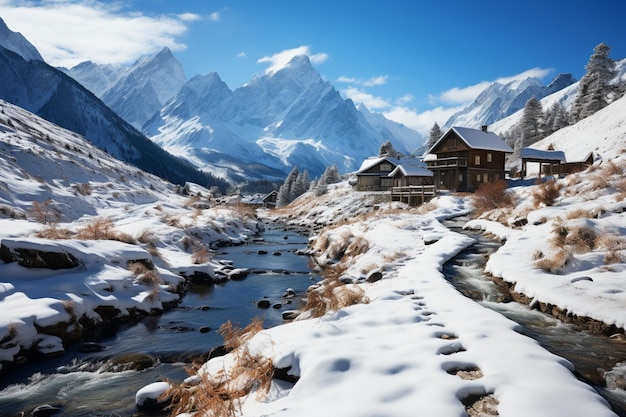 Un paradis enneigé se dévoile alors que le paysage hivernal embrasse le village de montagne
