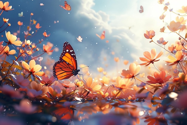 Un paradis floral Des fleurs vives et des papillons ornent le paysage serein du printemps