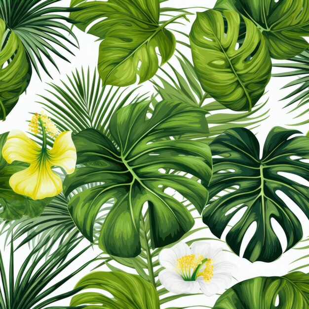 Paradis luxuriant 4KHD Patron tropical sans couture avec une banane monstera exotique et des feuilles de palmier sur blanc