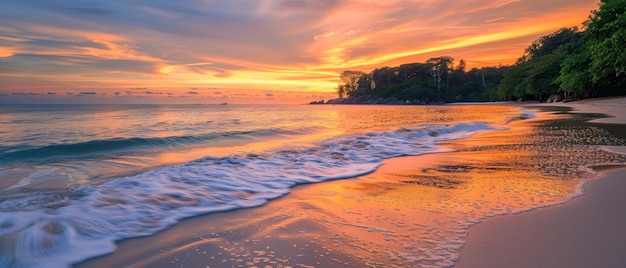 Un paradis de plage tropicale baigné par les couchers de soleil à la lumière ambre avec des vagues qui frappent doucement le rivage sous un ciel pittoresque