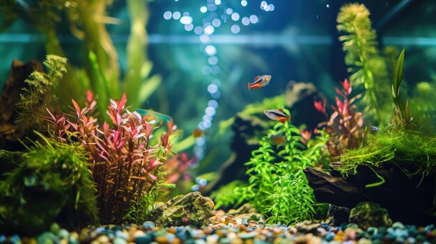 Photo un paradis sous-marin alors que les plantes vertes et le gravier s'unissent pour créer une scène d'aquarium captivante