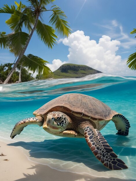 Photo le paradis sous-marin tropical de la mer tortue d'animal marin flottant sous l'eau la ligne d'eau divise l'image en deux