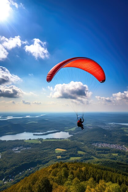 Parapente flottant sur un paysage rural avec des nuages créés à l'aide de la technologie d'IA générative