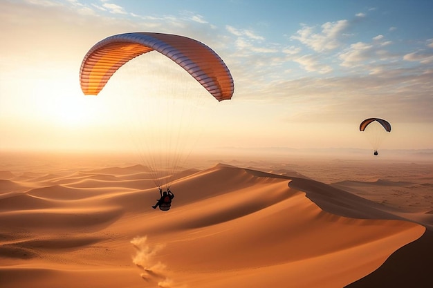 un parapente survole les dunes de sable.