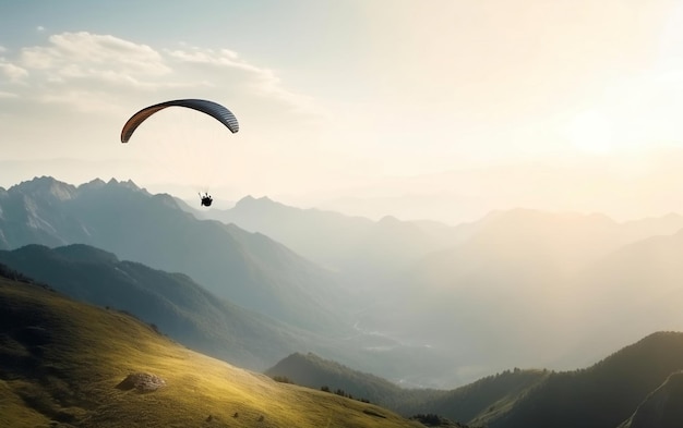 Un parapente survole un paysage de montagne.