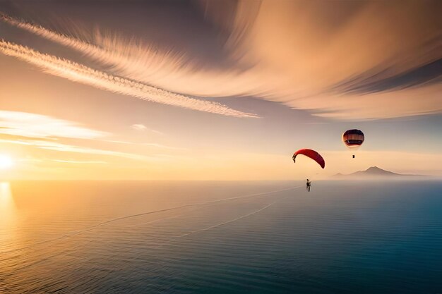 Un parapente vole au-dessus de l'océan avec le ciel en arrière-plan.