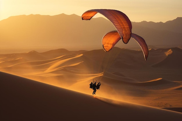 un parapente vole dans les airs au-dessus des dunes de sable.