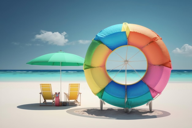 Parapluie avec anneau gonflable de chaises sur la plage AI Generationa