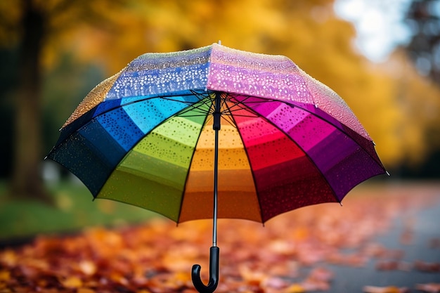 Un parapluie arc-en-ciel aux couleurs vives sous la pluie