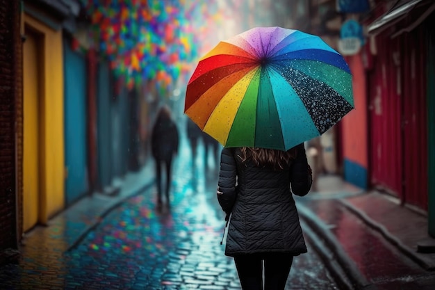 Parapluie arc-en-ciel entre les mains d'une femme marchant dans la rue