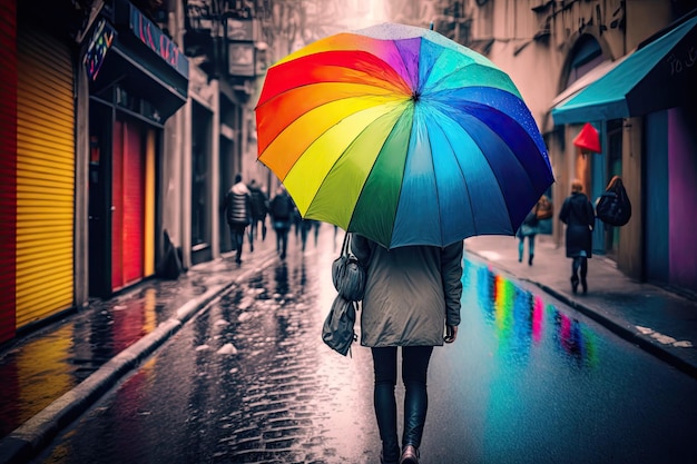 Parapluie arc-en-ciel entre les mains d'une femme marchant dans la rue