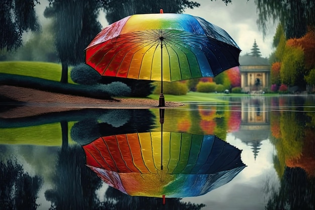 Parapluie arc-en-ciel avec reflets sur l'eau dans un parc